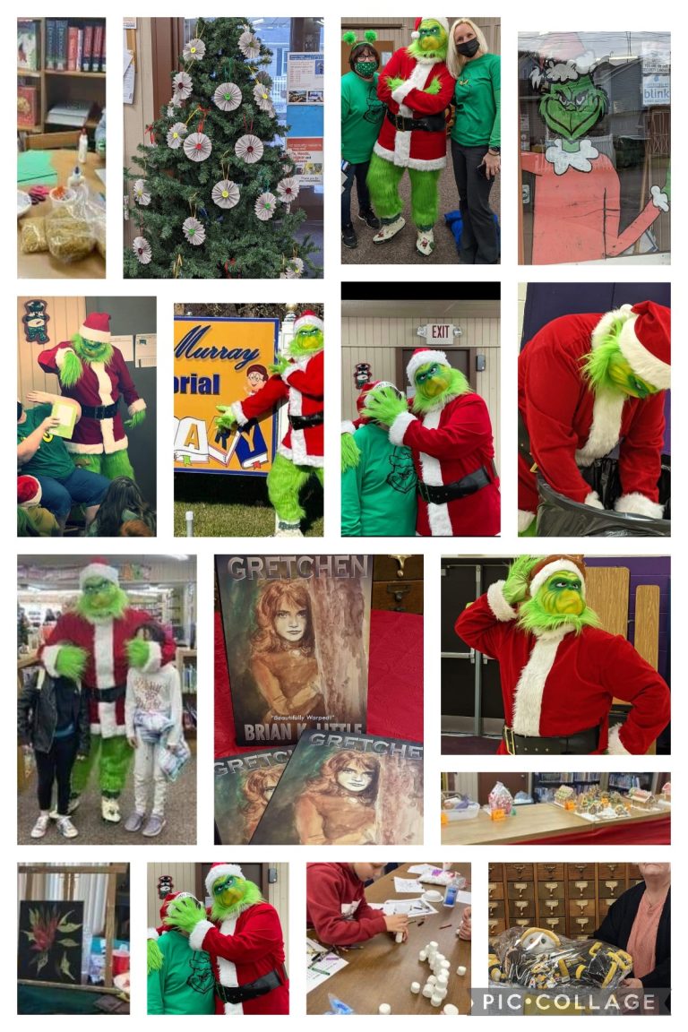 Your Imagination Station With Miss Connie WE HAVE BEEN GRINCHED !!! Not ONCE, not TWICE, but THREE TIMES !!! Y’all know the Grinch was here for our Hometown Christmas party, right? Well, he came back on the last day of Storytime AND again on the last day ATA’s third grade classes were here. Wanna talk about disruptive ?! I was trying to read a story, and I get his furry finger tickling my ear. Then I see his furry hand cover my eyes so I can’t see the book I’m reading to the kiddos. Next, he takes one of our little trees and rubs it under his arm, he knocks the books that the students had chosen, right outta their hands. Rotten, I tell ya, just rotten. Then he went on over to the school and tormented the kiddos as they were leaving for the day. Seriously though, what a great time with the Grinch. We’re so glad he decided to join us for some fun….THREE TIMES. If you haven’t been in yet to get your ornament from the Ornament Walk, we still have them on the tree. Be sure to stop in and get them. What a great response we’ve had to all the DRIVEs we’ve had going on. We’ve received many toys, lots of nonperishable food items, and many hats, scarves and gloves for our giving tree. We can’t even begin to tell you how many people have already been helped by your generosity. Thank you ! We will continue the FOOD DRIVE and the GIVING TREE throughout the winter months. Then, come Spring, we’ll begin a new Community Service Project. The Rock Springs Puzzles completely sold out, and the Chester Garden Club will begin working on their second puzzle in the series, after the first of the year. The new calendars from the Tri State Master Gardeners are still available for $1.00 each. They are filled with lots of information on prepping for your garden in the spring. Drop in and get yours. STORYTIME is in the process of being planned for our Winter/Spring Session. It will begin Wednesday, February 2, 2022 at 11:00. Registration is now open. We have MANY NEW PROGRAMS coming your way after the first of the year. We’re sooooo excited to share them with all of you. Beginning Monday, January 3, 2022, we will have a TAKE & MAKE project for the kiddos to stop in and get. Then, every Monday following, we will have a NEW Take & Make. Wait til you see how fun these are going to be. Now, for the rest of the programs, we’re gonna make ya wait just a little longer to find out what they are. We’ll let everyone enjoy their holidays and then give you all the updates real soon. If you haven’t joined us yet for a seminar with Jami, on Dementia, please make plans to attend our next one on Tuesday, January 4 at 5:00. Jami has also provided us with a video to help us get through the holidays a little easier. Be sure to watch it. It’s on our Facebook Page. Remember to keep an eye on our Facebook Page, Lynn Murray Memorial Library, to see all the upcoming events we have in store for you. You’ll also find our 3:00 Story, NEW RELEASE books, New To Us books, pictures from our events, and so much more. Until next time…..grab a book and let your imagination take you places you’ve never been. Connie ** We will be closing for the HOLIDAYS, on Thursday, December 23 at 2:00 and will remain closed until Monday, January 3, 2022 at 10am. From all of us here at the library, we want to wish all of YOU a very happy, healthy, and safe holiday season. See y’all in the New Year.